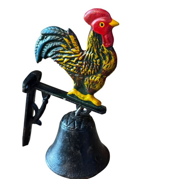 Vintage Cast Iron Rooster Dinner Bell Wall Mounted Hand Painted Door Bell - Picture 2 of 6